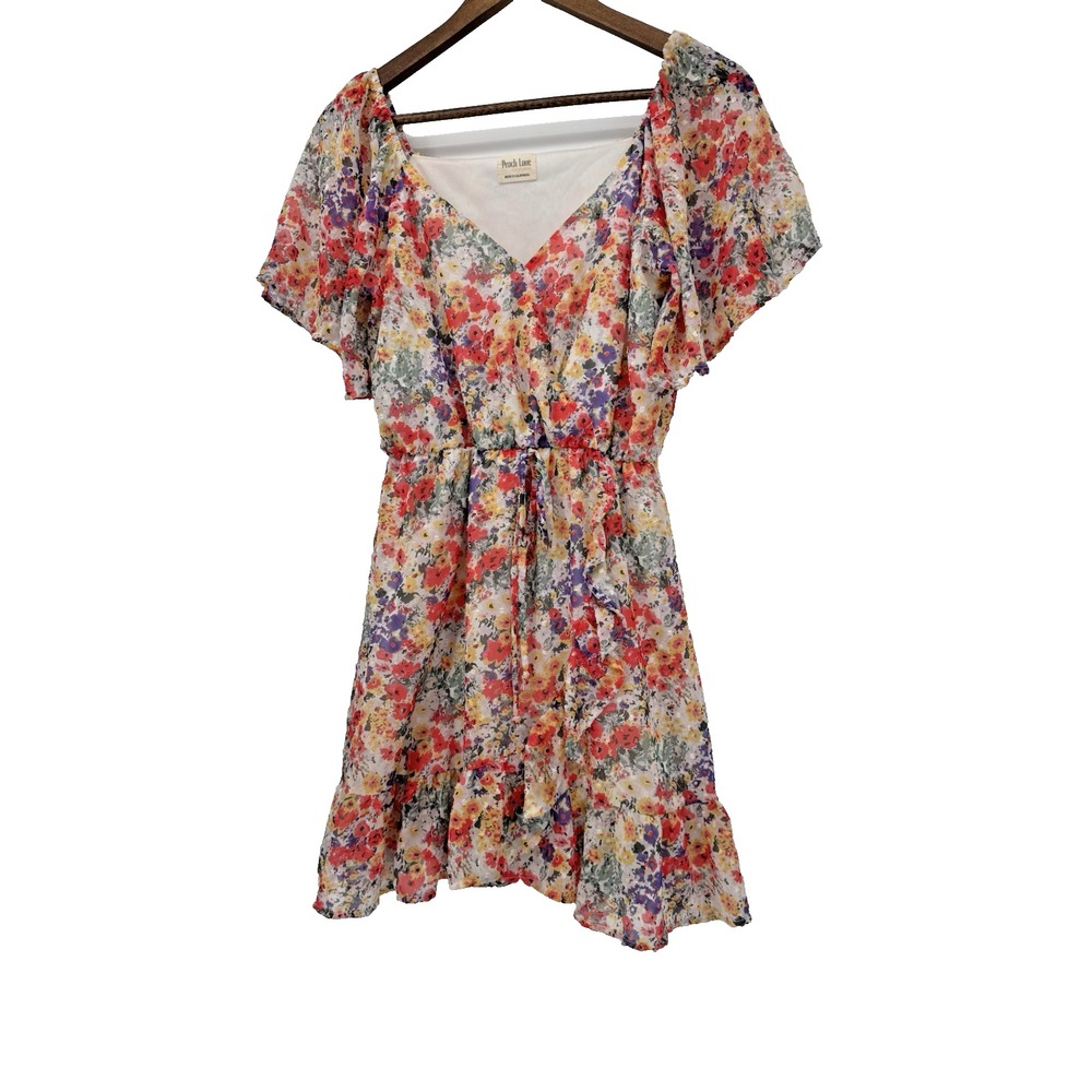 Peach Love Mini Dress S Faux Wrap coquette Floral Smocked Cottagecore spring